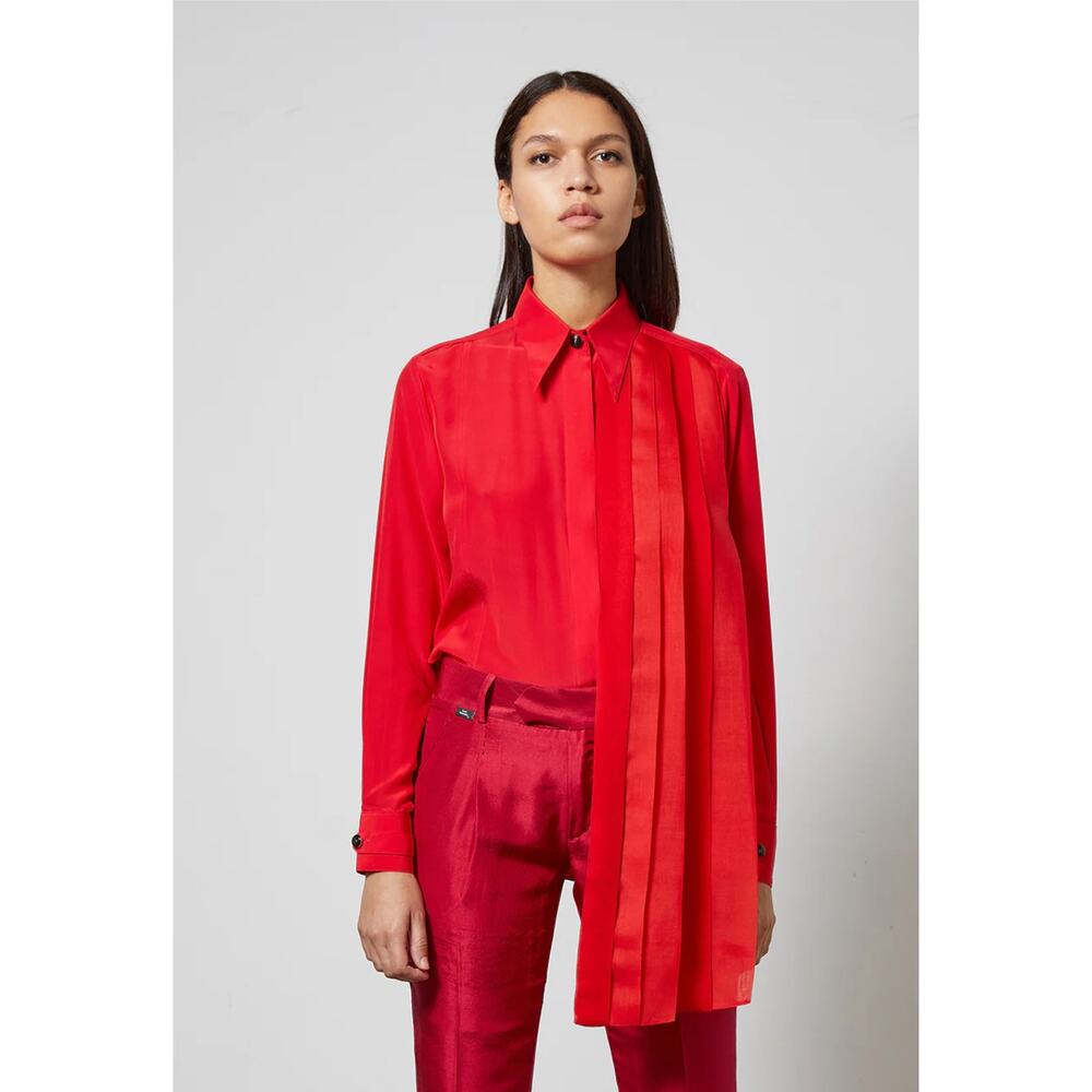 Lucie Brochard Top Womens S Red Silk French Designer Button Down Architectural